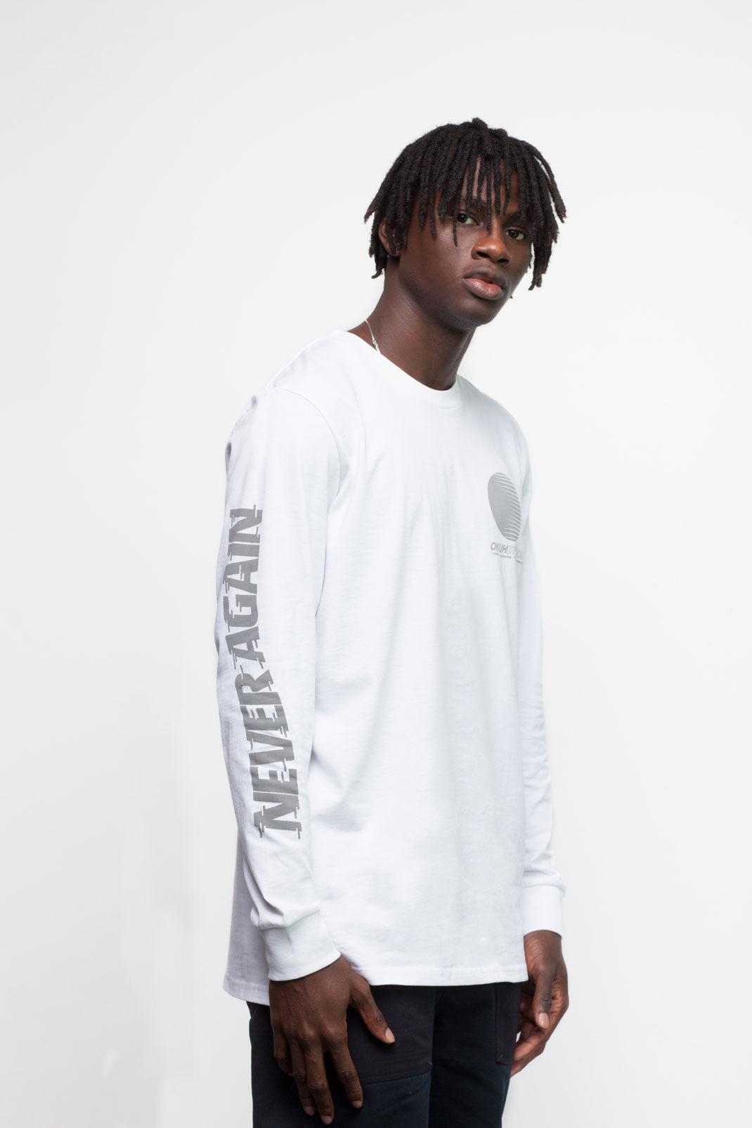 White Never Again Long Sleeve T-Shirt - okuhstudios